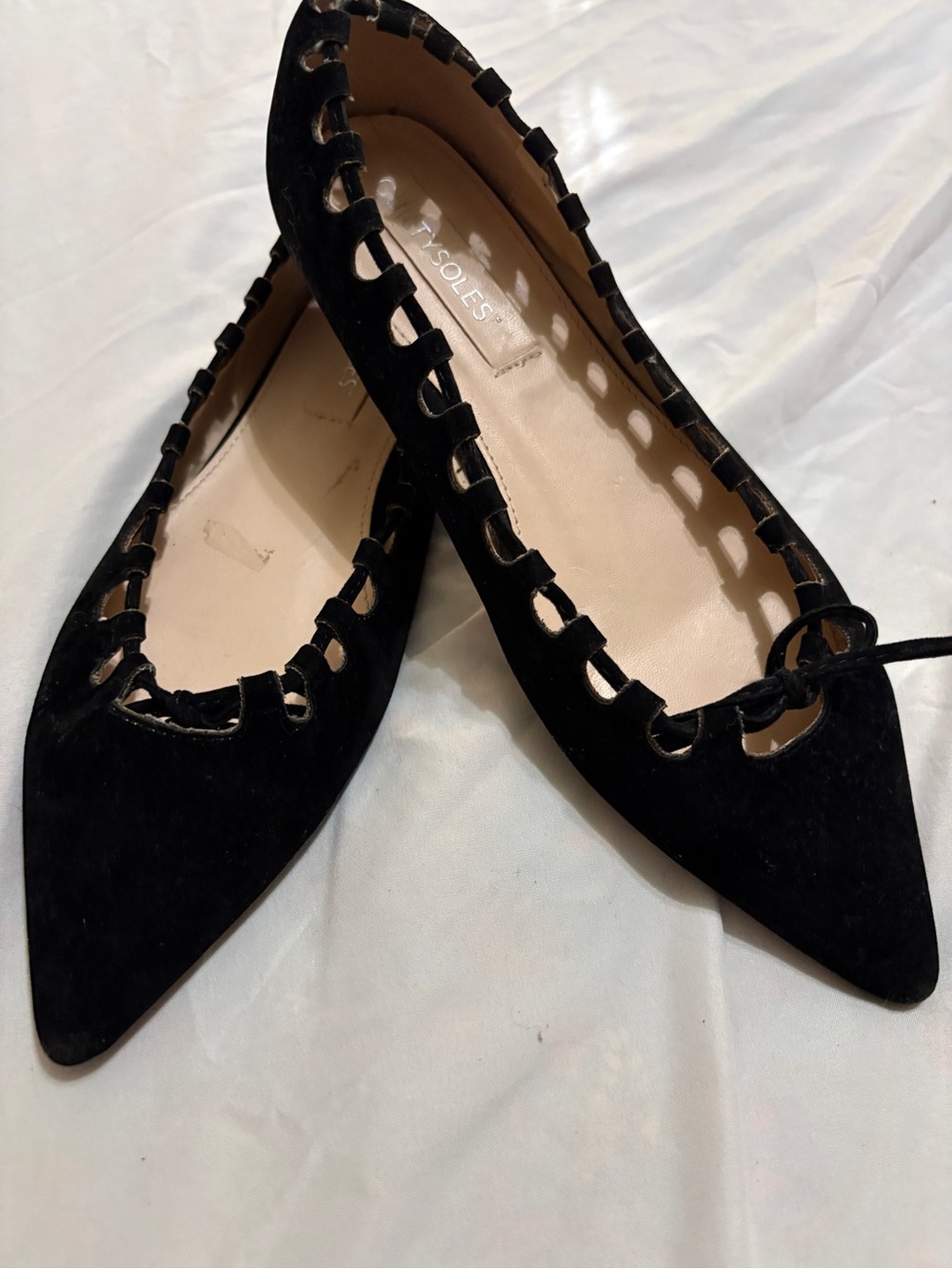 Pointed Black Suede Ballet Flats with Cutout Trim